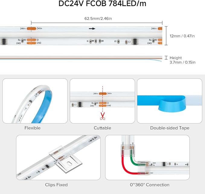 BTF-LIGHTING FCOB IP66 COB LED Strip WS2814 IC RGBW 6000K 2X16.4FT Total 32.8FT 784LED/m DC24V Flexible High Density Color Chasing Light 10mm Width for Indoor Decor(No Adapter or Controller)