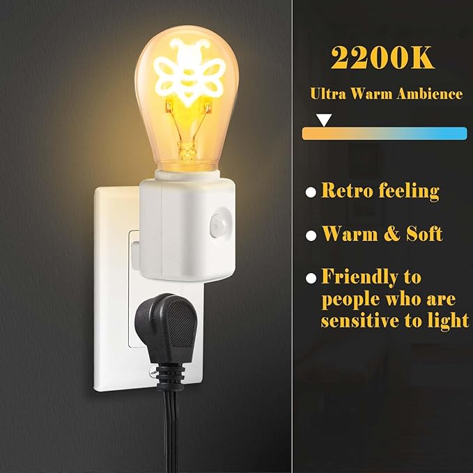 Vintage Filament Night Light Plug in, Dimmable and Motion Sensor Equipped, Warm Ambience 2200K for Hallway, Bedroom and Stairway, 1 Pack