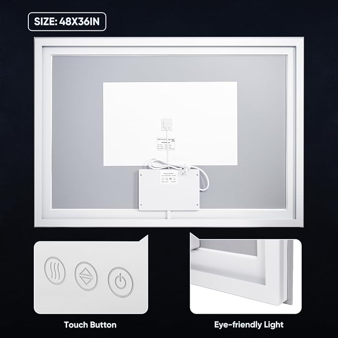 LED Bathroom Mirror, 48"x36" with Frontlit and Backlit Anti-Fog Mirror with Lights LED Vanity Mirror for Bathroom 3 Colors Temperature & Dimmable Bathroom Mirror with HD Tempered Glass