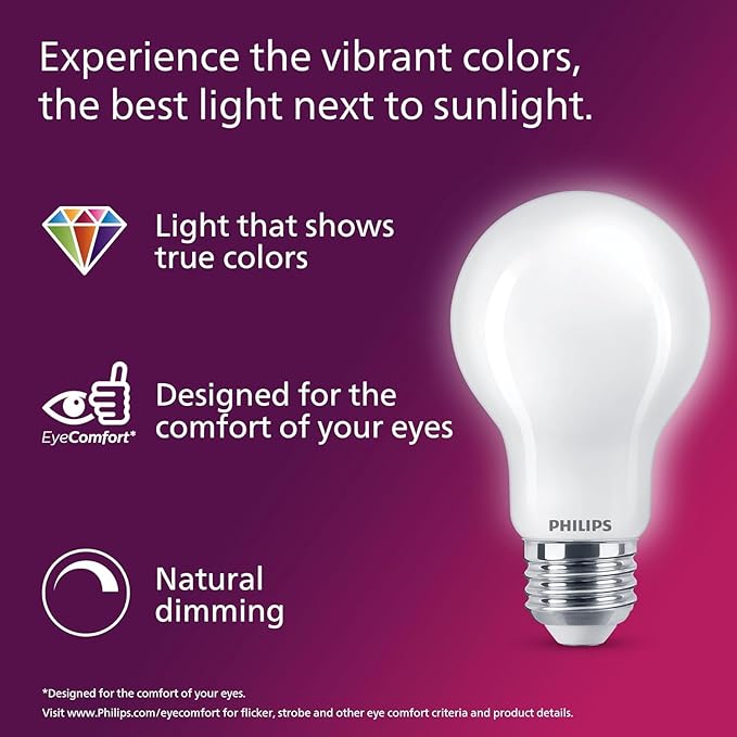Philips LED 75W A19 4-Pack Ultra Definition Daylight (5000K) 1100 Lumen (9W = 75W) Dimmable Frosted Flicker-Free Light Bulbs