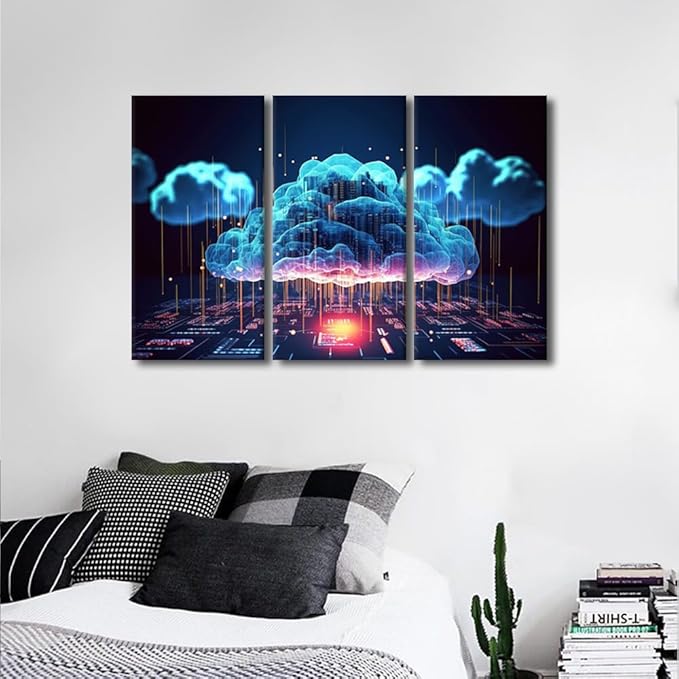 TUMOVO Modern Wall Art Multi Panel Firewall Network Security, Artificial Intelligence, Cyber Security, Cloud Managed Picture Prints on Canvas Print Art for Living Room Decoration, 36" Wx24 H