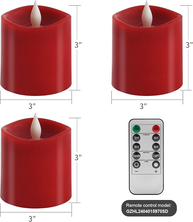 3x3 Flickering Flameless Candles Set of 3, 2AA Battery Life 600 Hours Battery Candles Flickering with Timer, 3 inch Flameless Candles with Remote for Indoor/Outdoor, Red