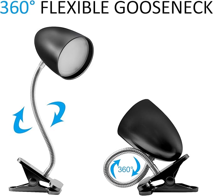 Clip on Light for Bed, Non-Dimmable Clip on Reading Light for Bed, 4000K Cool White, 3.5W 240 LM Desk lamp with clamp, Eye Protection, ETL Listed, Black
