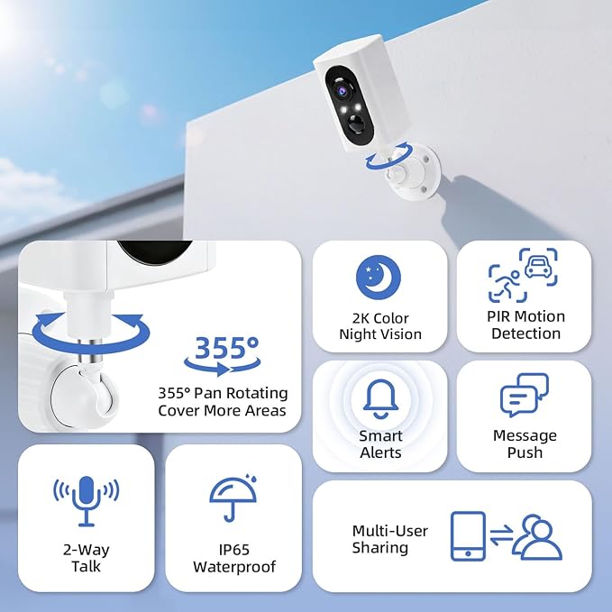 Security Cameras Wireless Outdoor 355° Pan Rotating 2K Color Night Vision Cameras for Home Security WiFi Battery Outdoor Camera Motion Detection 2-Way Talk IP65 Spotlight Siren SD/Cloud Storage