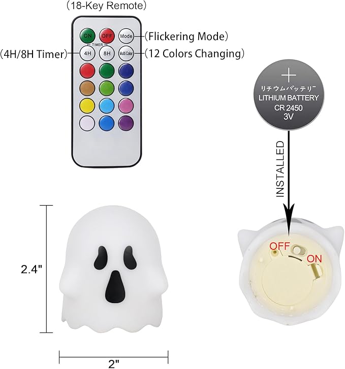 Ghost Halloween Decorations Flameless Candles with Remote Timer, 6 Pack Grimace Ghost Candles Tea Lights Battery Operated LED 12 Color Changing Candles for Halloween Decor