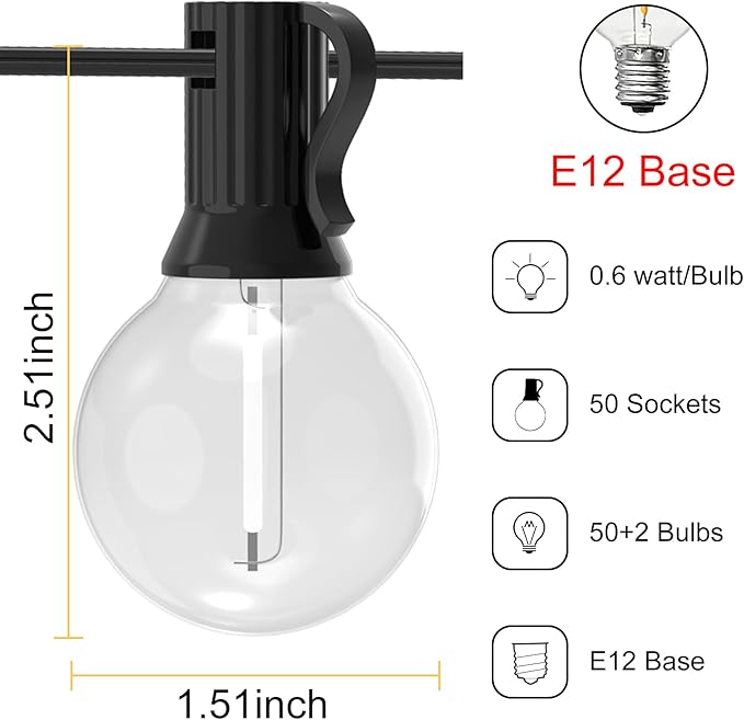 100FT Outdoor LED String Lights with 50+2 Shatterproof G40 Vintage Bulbs,Shatterproof &Waterproof Patio Lights for Porch, Deck, Garden, Backyard, Balcony - 2700K Warm White