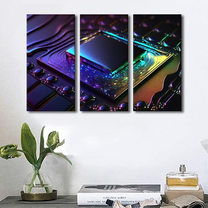 TUMOVO 3 Piece Canvas Wall Art Vibrant Colorful Computer Chip on Circuit Board Posters and Prints AI Prints on Canvas, Modern Artwork for Living Room Wooden Framed Ready to Hang, 60" Wx40 H