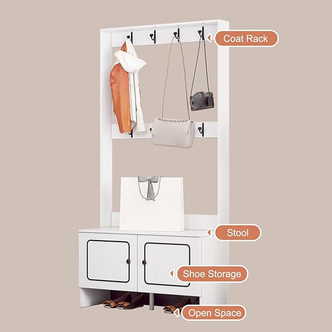 Modern Coat Rack Shoe Bench, 3 In 1 Multifunctional Entryway Organizer with Bench, Shoe Storage and Coat Rack, Entryway Organizer for Small Spaces(White,40cm/16in)