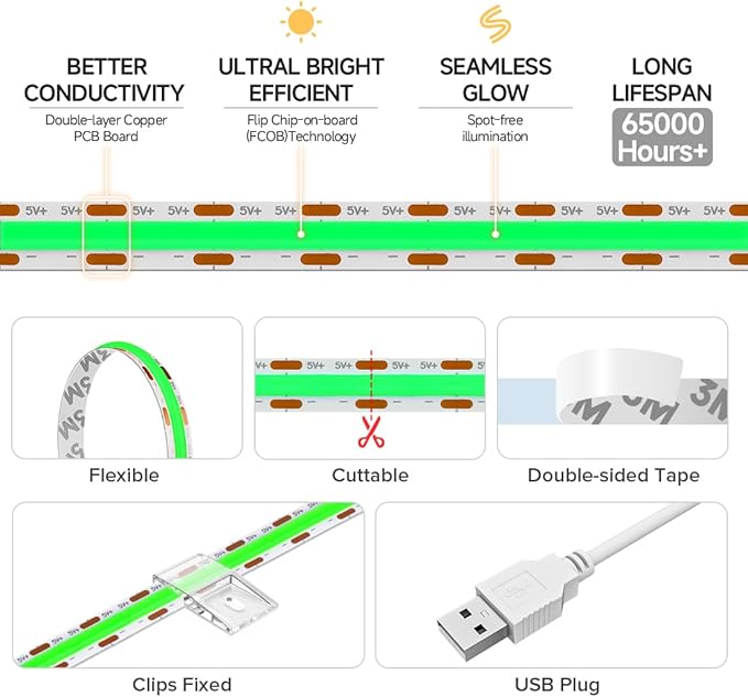 BTF-LIGHTING FCOB USB Powered Green Color COB LED Strip Lights 3.28FT 320LEDs 5V 8mm Width 90+ High CRI Ultra Bright Flexible Light for 3D Printer TV Backlight Display Cabinet PC DIY Decor