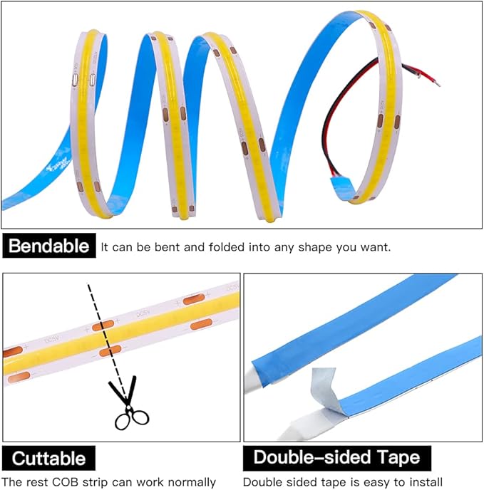 Cob Led Strip Lights, 5 Meters/16.4 FT Long 8MM/ 0.32 Inch Wide 5V LED COB Light High Density 320LEDs/m Flexible LED Lamp Tape Home Decoration, Warm White, USB Plug Without Dimmer