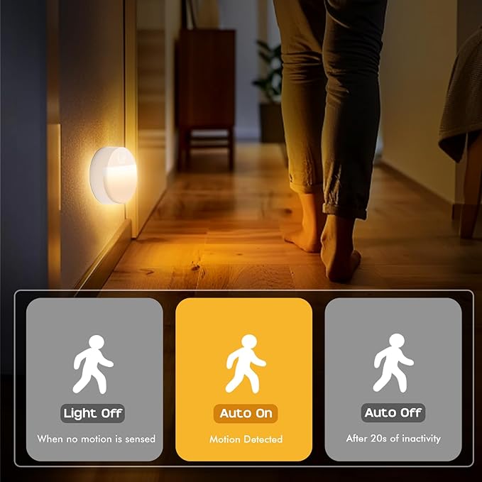 3 Pack Motion Sensor Stair Light for Indoor, Battery Operated Closet Lights, Led Stick On Puck Lighting Night Lamp, Motion Activated Lamps for Step, Cabinet, Hallway, Bathroom
