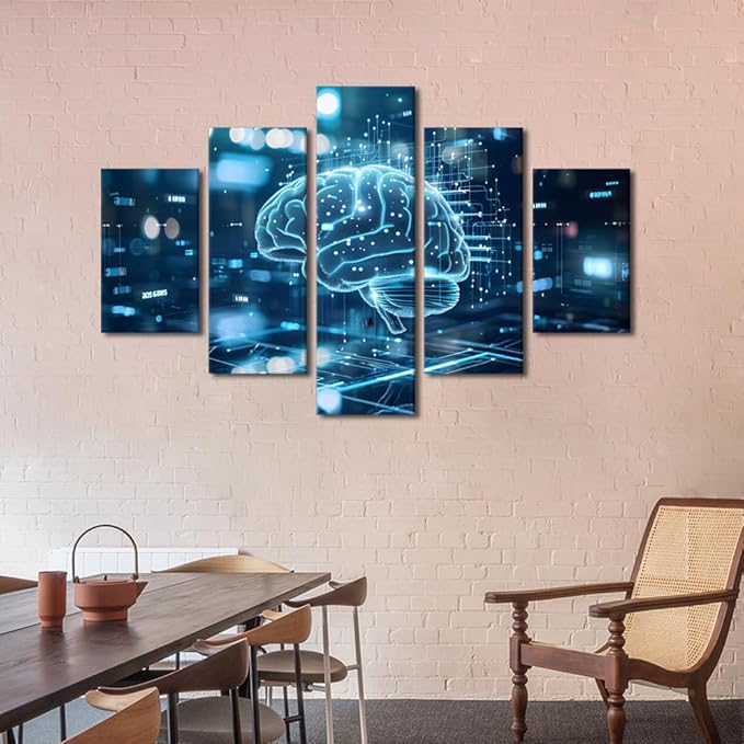 5 Panel Neural Network Connections on Blue Digital Background Canvas Art Prints Bedroom Wall Decor Poster and Prints House Decorations Living Room Digital Human Brain Paintings Artwork 60"Wx40"H