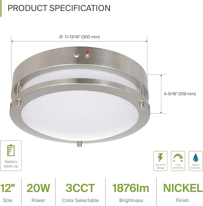 ASD LED 12" Round Flush Mount Lighting, Close to Ceiling Light Fixture | 3CCT, Dimmable, Battery Backup, ETL Listed | 20W 1876LM 3000-5000K 100-277V | Low Profile Double Ring Lamp | Nickel, 4 Pack