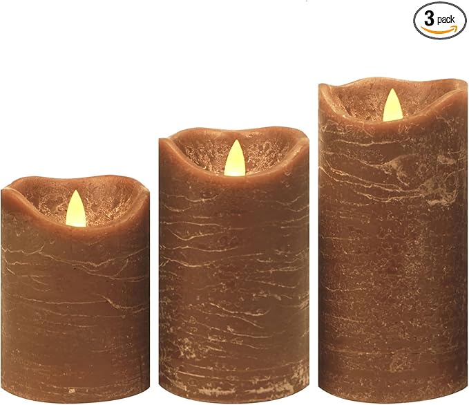CANDLE CHOICE Battery Operated Flameless Candles with Timer Real Wax Realistic Flickering Electric LED Pillars Automatic Built-in Daily Cycle Timer 6-Hour on 18-Hour Off Set of 3 Rustic Texture Brown