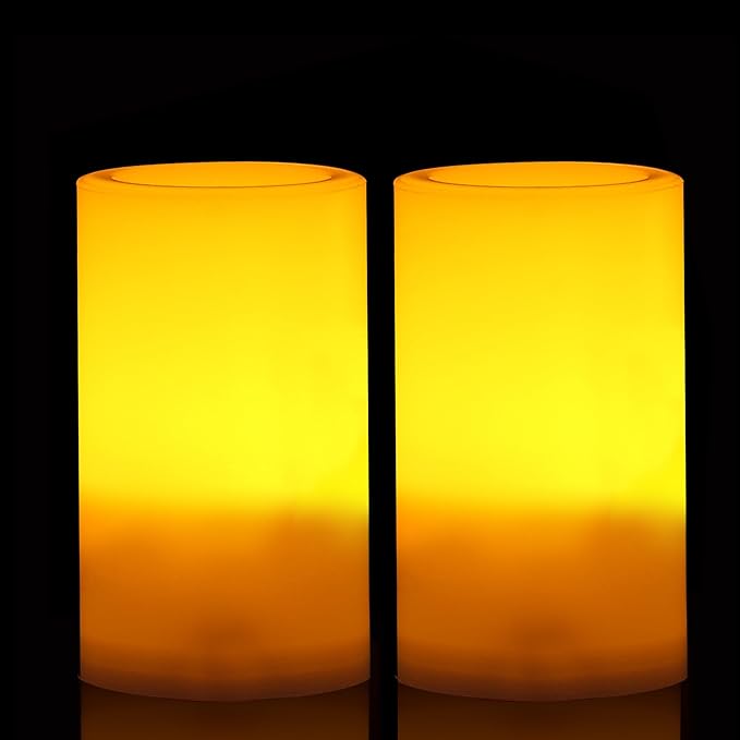 CANDLE CHOICE Outdoor Battery Operated Flameless Candles with Remote Timer Waterproof Flickering Plastic Electric LED Pillar Lights for Lantern Patio Garden Wedding Party Decorations D3”xH5” 2 PCS