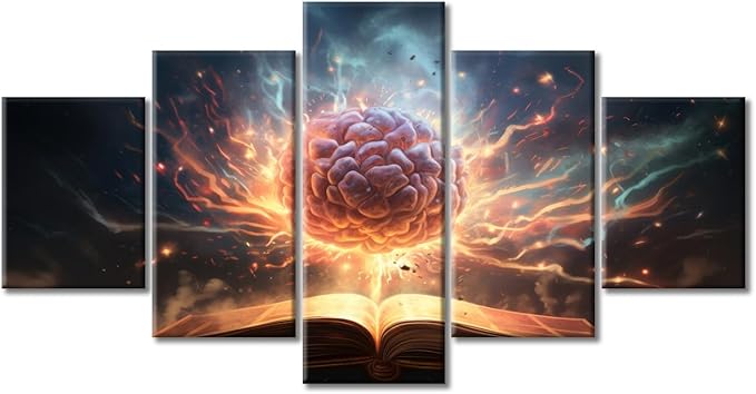 Brain Nervous System Canvas Wall Art for Bedroom Brain in Book Wall Art for Living Room Artificial Intelligence Concept Wall Art Home Decor Giclee Framed Ready to Hang (60"Wx32"H)