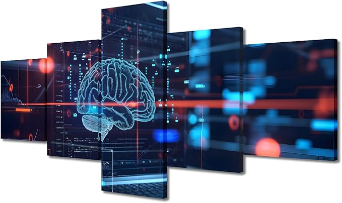 5 Panel Futuristic Technology Canvas Wall Art for Bedroom Framed Artwork for Walls Human Brain Paintings Canvas Wall Art Framed Artificial Intelligence Decor for Living Room House Decoration 50"Wx24"H