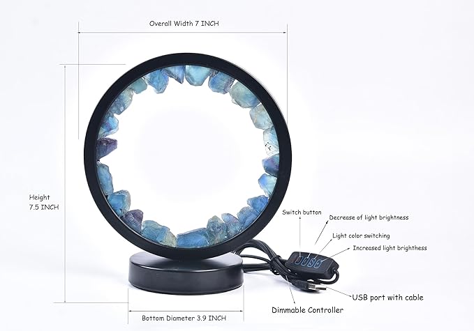 AMOYSTONE Natural Blue Fluorite Crystal Lamp, USB Powered 3-Color Adjustable Rock Night Light 7.5", Bedside Meditation Lamp for Bedroom Office Home Zen Decor