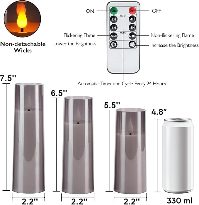 Amagic Grey Flameless Candles 9 Set, Battery Operated Candles with Remote Control and Timer, Flickering LED Pillar Candles for Home Halloween Decor, 3D Wick, Warm Yellow Light, D2.2 xH5 6" 7"