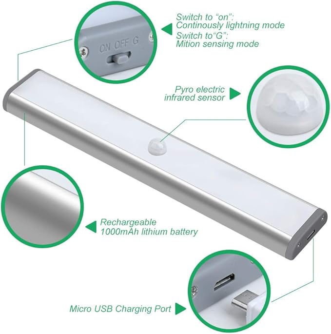 LEPOTEC LED Under Cabinet Lighting,Closet Lights Motion Sensor Light Rechargeable Cabinet Lights Wireless LED Kitchen Cabinet Lights Counter Lighting Magnetic Closet Lighting/Warm White Light(3Pack)