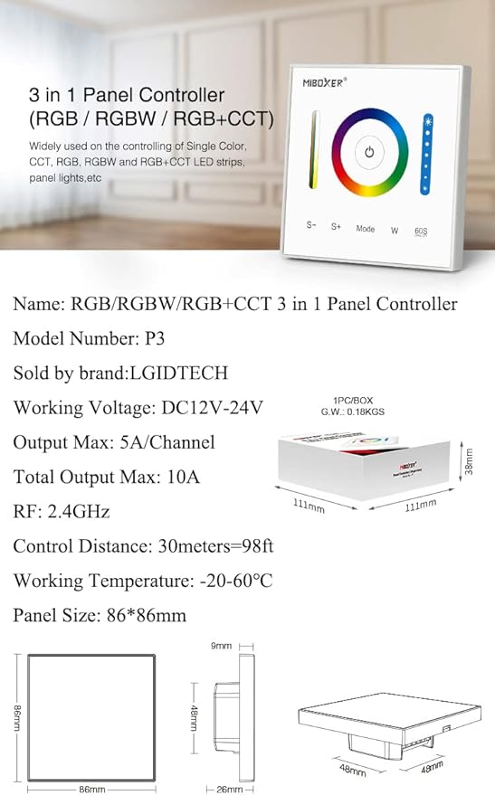 LGIDTECH P3 Wall-Mounted Full Touch Panel Controller for 3528 5050 2835 RGB RGBW RGB+CCT Dimmable Color Changing LED Strip Lighting DC 12-24V 10A 120W 240W.Support Voice and DMX512 Control