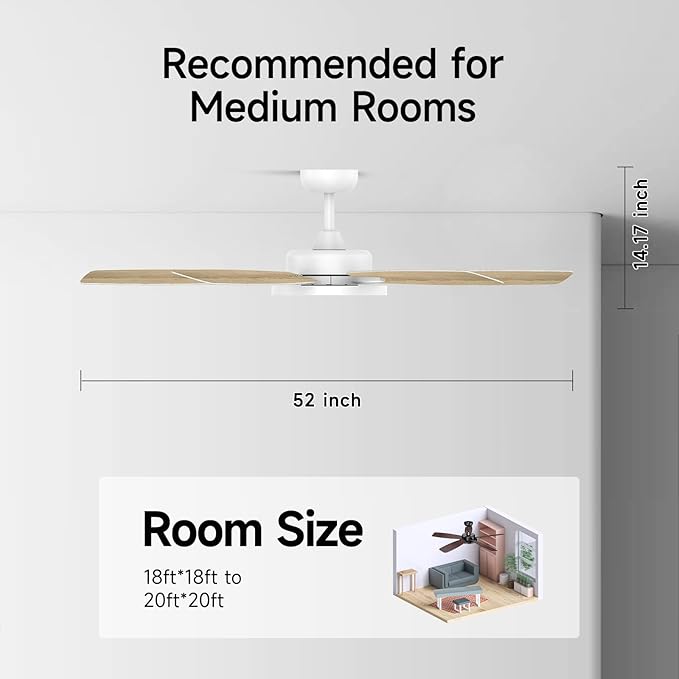 Roomratv Ceiling Fans with Lights,52 Inch,Remote Control,Dimmable,Quiet Reversible DC Motor,White Ceiling Fan for Living Room,Bedroom,Kitchens,Outdoor Patio,Farmhouse