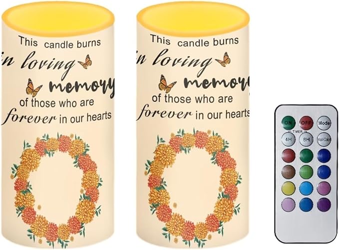 Personalized LED Memorial Candle for Loss of Loved One 2 Pack 6 x 3 inch Flameless Candles Orange Battery Operated Candles with Multicolor Timer Remote Control Flameless LED Fake Candles