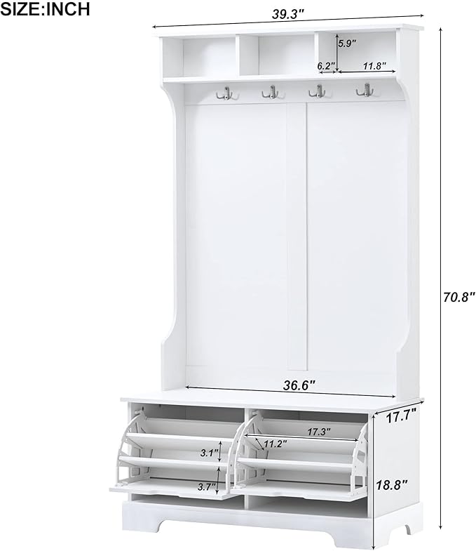 RUNNA Modern All in One Hall Tree with 3 Top Shelves and 2 Flip Shoe Storage Drawers,Bench and 4 Metal Hooks,Wood Organizer for Hallway Entryway Use (White@q)