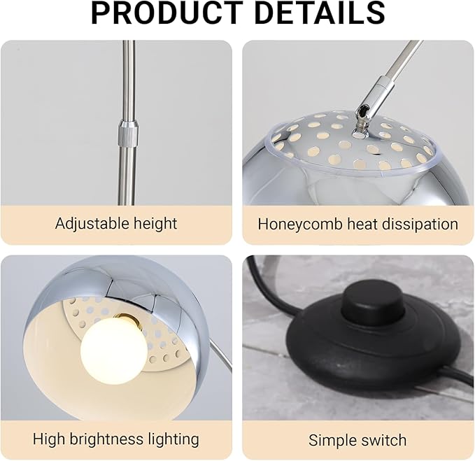 Floor Lamps for Living Room,80" Arc Floor Lamp,with Dimmer Adjustable Brightness,Modern Floor Lamp for Bedroom,Dining Rooms,Office,Corner Lamp with Chrome Bell Shaped Lampshade