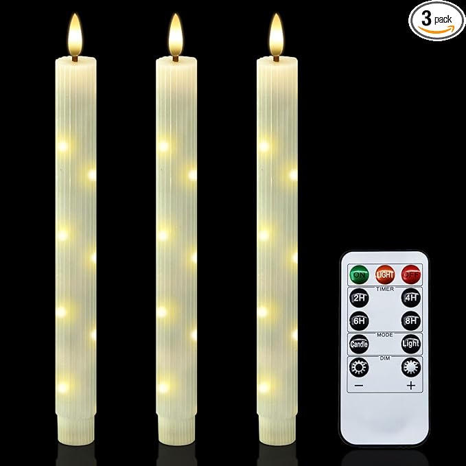 uuffoo 3 Pack Flameless Taper Candles with Remote Timer, Flickering Taper Candles Battery Operated Real Wax LED Fake Candles for Indoor Outdoor Home Wedding Fireplace Decor (Ivory, 0.9 X 9.6 Inch)