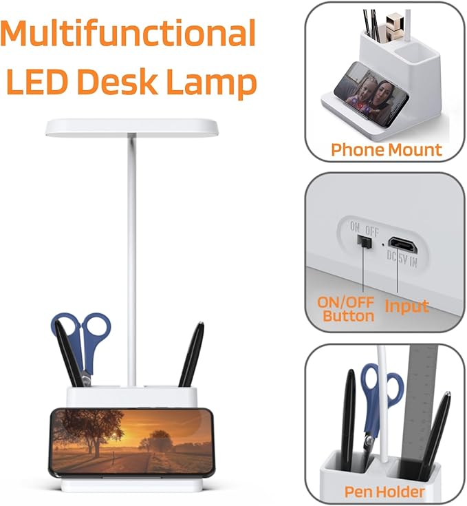 AXX Rechargeable Small Desk Lamp for Home Office Bedroom, Study Table Light for Kids Teens, White, LED, Pen Holder, Mini, Gooseneck, College Dorm Room Lighting for Computer Keyboard Desktop Task