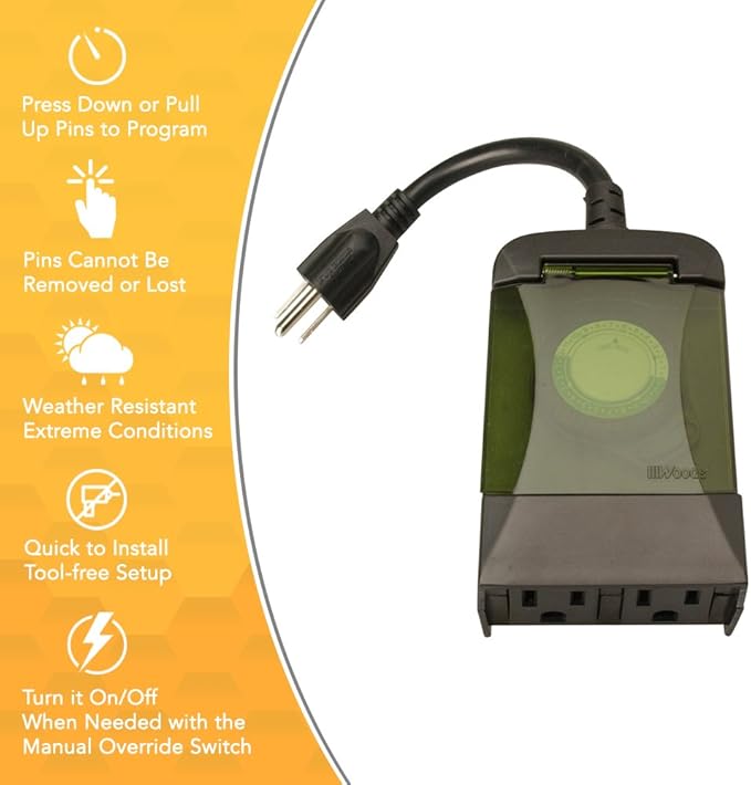 Southwire Woods Outdoor 24-Hour Plug-In Mechanical Timer - Energy-Saving Convenience - Dual Grounded Outlets - Programmable Daily Settings - Weatherproof Design - 6-Inch Cord - Black