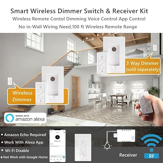 Nexete Wireless Dimmer Switch,1 Receiver and 2 Remotes Kit,Wireless Dimming Remote Control,Bluetooth Work with Amazon Alexa Only,Voice Control,Fixture for Ceiling Lights Lamps