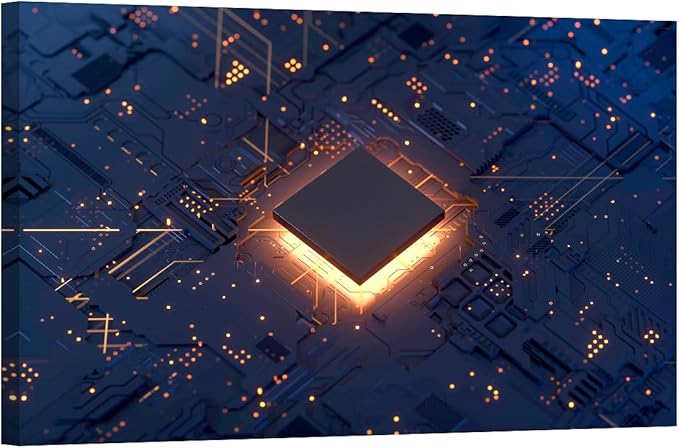 CPU Card Canvas Wall Paintings Office Decor Circuit Board Wall Decor CPU Concept Wall Art for Living Room Computer Chip Home Decor Wooden Framed Gallery-Wrapped Ready to Hang 24x36 INCH