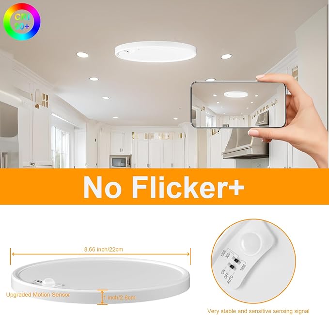 Eleganted Motion Sensor Ceiling Light Hard Wired，8.7 Inch LED Flush Mount Ceiling Light Fixture,3000k/4000k/6000k Selectable 18W Ceiling Lights for Pantry Hallway Stairwell Porch 2 Pack