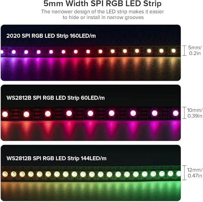 BTF-LIGHTING WS2812B IC RGB 5mm Ultra Narrow LED Strip 2020SMD DC5V Individually Addressable 6.4FT 160Pixels/m 320LED Dream Color Tape Light for Home DIY Decoration IP30 (No Adapter or Controller)