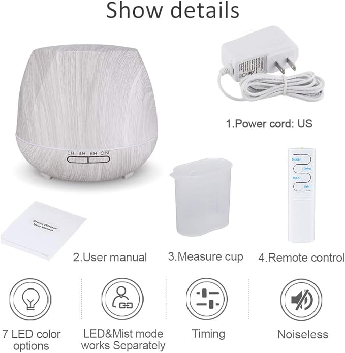 Aromatherapy Essential Oil Diffuser 550ml Ultrasonic Diffusers Cool Mist Air Humidifier with Remote Control 7 Colors LED Lights and Waterless Auto Shut-Off Timer for Home Bedroom Room Office