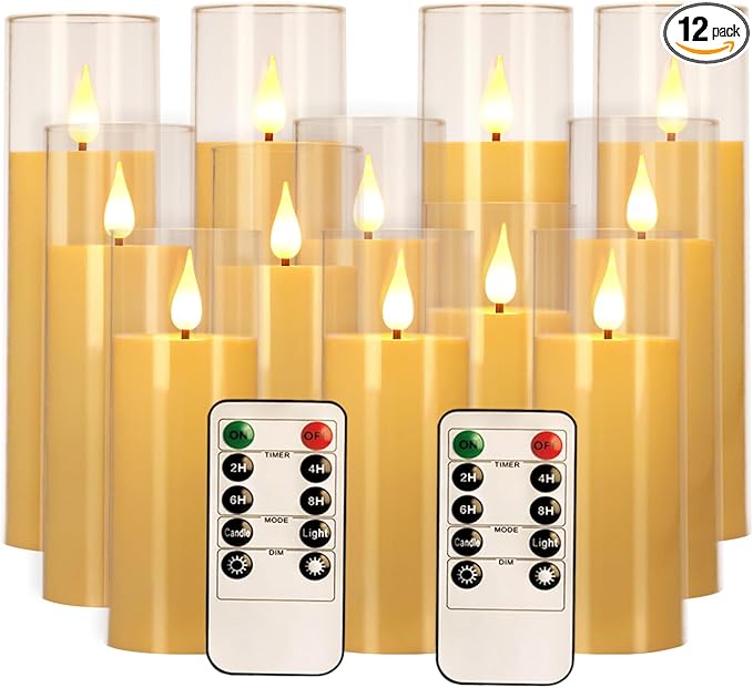 12 Packs of Acrylic LED Candles, Flickering Flameless Candles Battery Operated with Remote Dimmed and Timed, 3D Wick Candles for Home Decor,Wedding,Gift，Parties and Festivals. (3 Size Ivory)