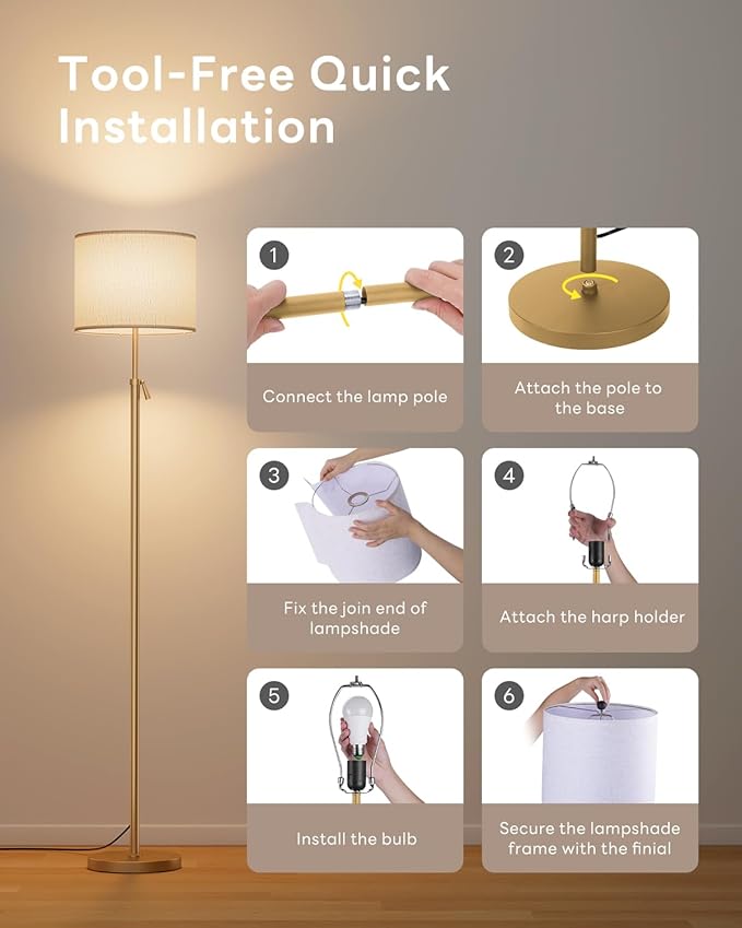 Floor Lamp for Living Room with RGBCW Color Changing Bulbs Dimmable, Adjustable Height Standing Lamp with Remote Control, 10W 1200 Lumen, Tall Lamp for Living Room, Bedroom, Office, Gold
