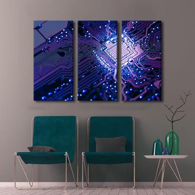 Wall Art Circuit Board 3 Pieces CPU Concept Posters and Prints Bedroom Decor Canvas Wall Art Computer Processors CPU Paintings Giclee Wooden Framed Gallery-Wrapped Ready to Hang(24" Wx36 H)
