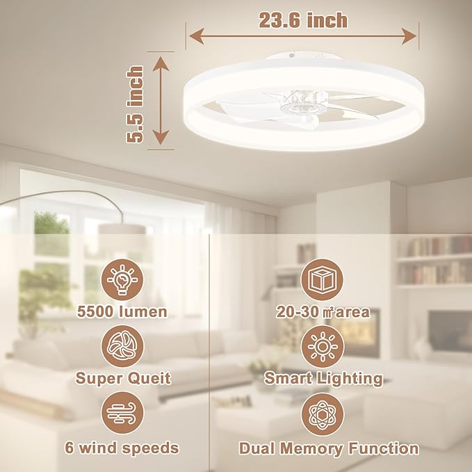 VOLISUN Low Profile Bladeless Ceiling Fans with Dimmable LED Light, 23.6in Flush Mount for Bedroom (White)