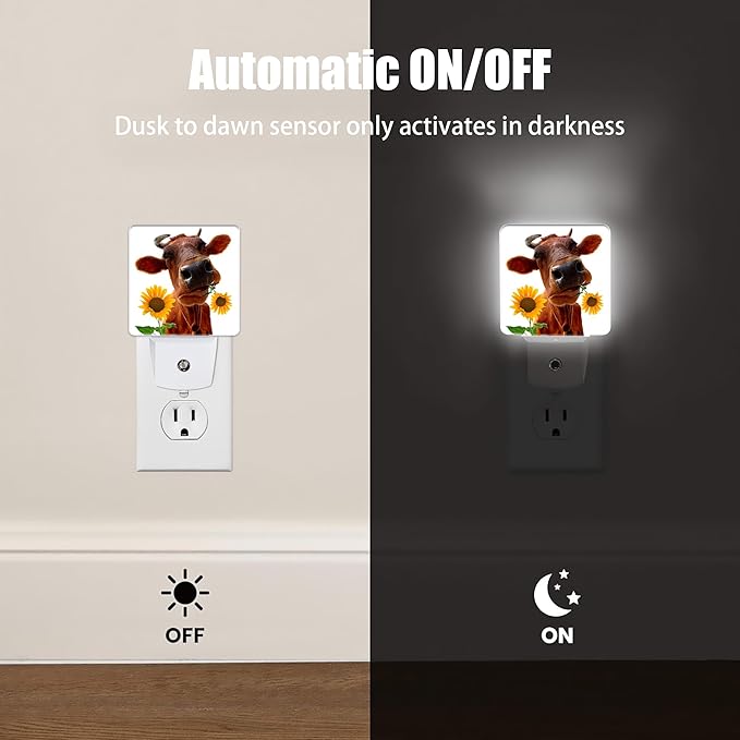 Fun Cow Night Light, Sunflower Plug into Wall with Dusk to Dawn Light Sensors,Warm Nightlights for Bedroom, Bathroom, Hallway, Kitchen, Gifts Ideal for Boys Girls Women Men