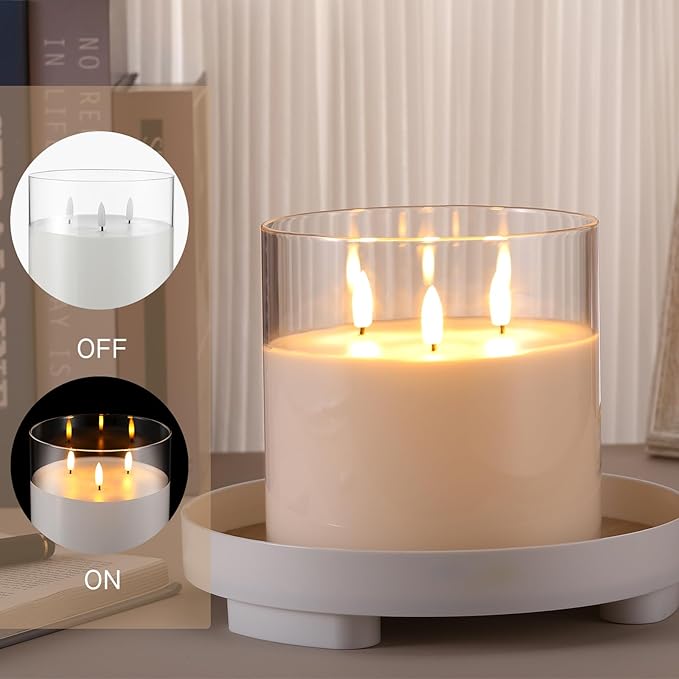 Retisee 6'' x 6'' Extra Large Flameless Candles, 3 Wick Glass Large Candles with Remote Control and Timer Function, Real Wax LED Pillar Flickering for St. Patrick's Spring Party Decor(Clear,1 Pcs)