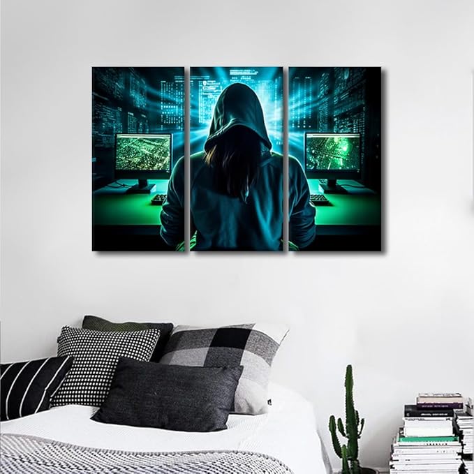 Hacker Malware Pictures for Bedroom Wall Decor AI Big Data Paintings AI Painting Wall Art Print on Canvas Hacker Artwork Home Wall Decor 3 Pieces Posters and Prints Framed Ready to Hang, 36"Wx24"H
