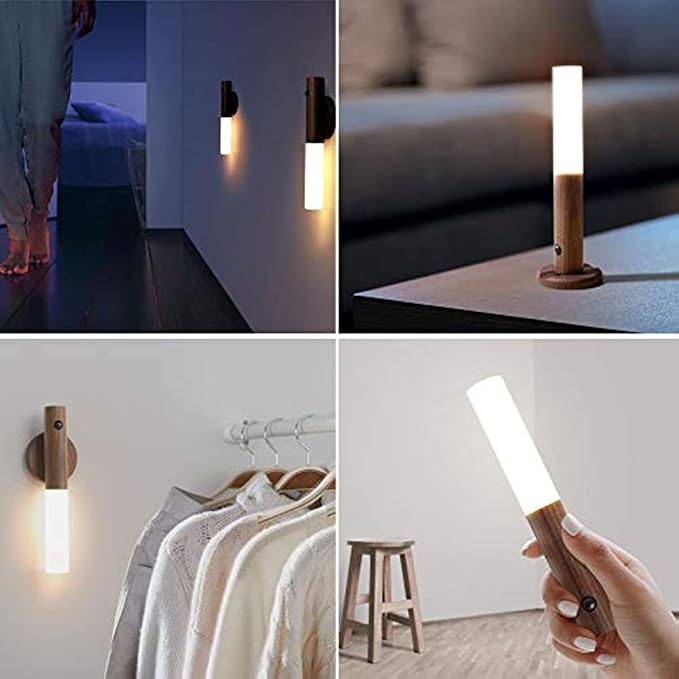 Motion Sensor Wall Lights Wood Battery Operated Sconce Light Indoor Magnetic USB Rechargeable Wireless Wall Lamp for Bedroom Hallway, Warm White 3000K