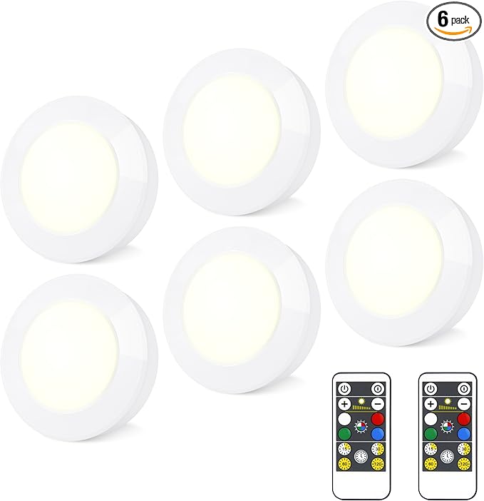 Wireless LED Puck Lights with RF Remote(6-Pack), Battery Operated Under Cabinet Lights, Color Changing Stick On Lights,Dimmable Tap Light with Timmer for Closet Bedroom Kitchen Drawer Counter