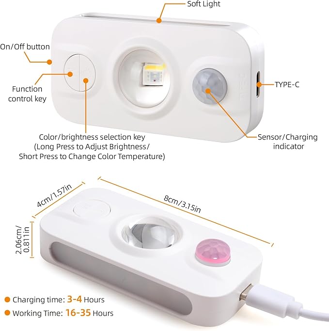 DAMI Motion Sensor Step Light with 7 Colors, USB Rechargeable, Dimmable Warm White Night Light for Bedroom, Kitchen, Staircase, Cabinets – 2 Pack LED Cabinet Lighting, 600mAh Battery