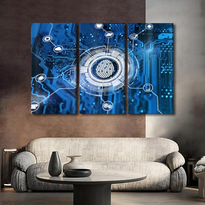 Framed Wall Art Concept Wall Art 3 Panels Fingerprint Login Authorization and Cyber Security Concept Pictures Print on Canvas for Bedroom Decoration, Ready to Hang, 60" Wx40 H