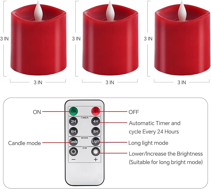 3x3 Flickering Flameless Candles Set of 3, LED Battery Candles,with Timer, 3 inch Flameless Candles with Remote, for Holiday Home Decor,Red