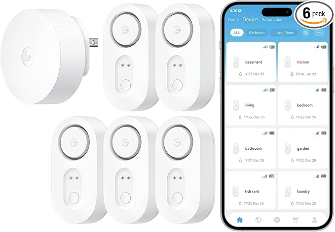 GoveeLife Upgraded Smart Water Leak Detector 1s with 1804 ft Ultra-Long Range, WiFi Water Sensor with SMS/Email/APP Push and Sound Alarm,5-Year Battery Life, 5 Pack, Suit for Home, Basement, Kitchen